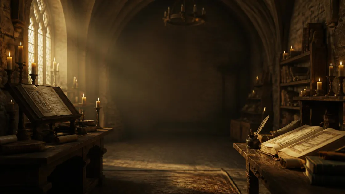 Scriptorium: a candlelit medieval library with open manuscripts and a quill